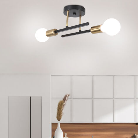 Axhup – Plafonnier rétro industriel 2 têtes E27 – Métal noir et doré – Compatible ampoules LED – Installation murale ou plafond – Éclairage ajustable