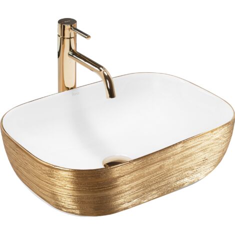 REA – Vasque à poser 460x330mm en céramique sanitaire – Finition blanche et or – Installation facile sur comptoir – Lavabo moderne Belinda