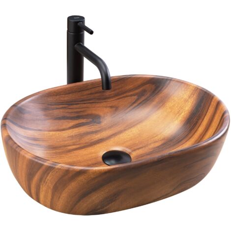 Lavabo à poser 48 cm en céramique marron – Largeur 34,5 cm – Hauteur 13,5 cm – Profondeur 10,5 cm – REAU5060