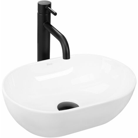 REA – Vasque à poser 380x260mm en céramique blanche – Montage à poser – Hauteur 120mm – Trou de vidange 45mm (1/5)
