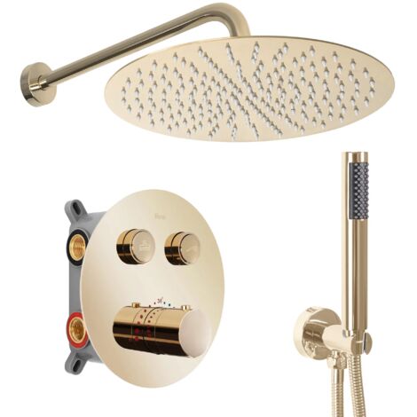Colonne de douche encastrée thermostatique finition or clair – Pommeau 25 cm – Tuyau 150 cm – Raccord ½ pouce – Espacement 15 cm – REAP8550