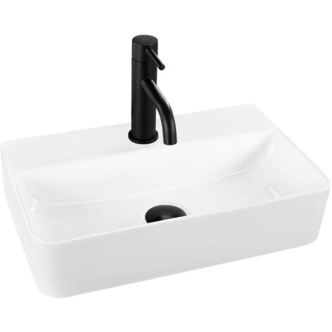 REA – Vasque à poser céramique blanche 455x285mm – Hauteur 105mm – Trou de robinet et vidange 45mm – Pour salle de bain moderne
