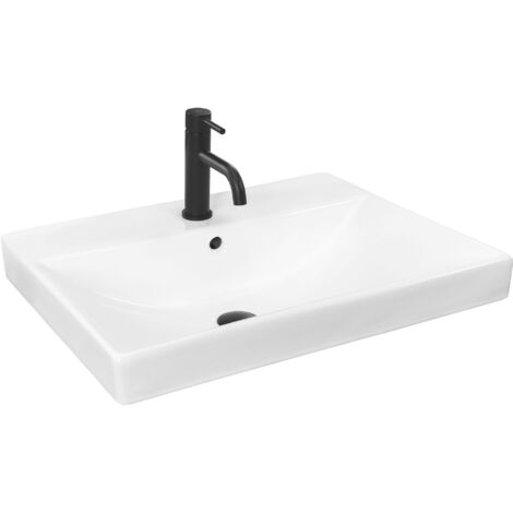 REA – Vasque à encastrer 600mm x 130mm x 180mm – Céramique blanche – Trou de robinet et débordement – Pour salle de bain moderne