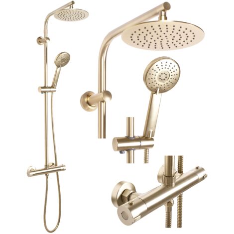 Colonne de douche thermostatique or brossé – Pommeau 20x20cm – Tuyau flexible 150cm – Tête thermostatique – REAP8413