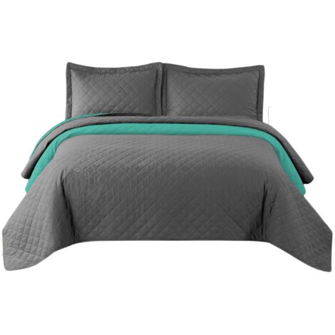REA – Couvre-lit réversible capitonné 2.20x2.40m – Polyester doux – Double face D.Grey-Mint pour décoration intérieure