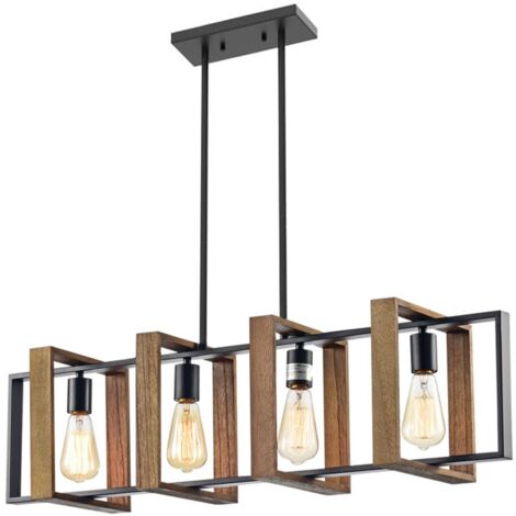 Toolight – Lustre moderne en métal et bois noir – 4 points lumineux E27 – Hauteur 250 mm – Largeur 900 mm – Longueur câble 900 mm - APP1583-4CP