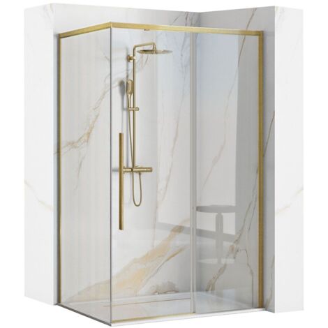 REA – Cabine de douche d'angle 80x100 cm – Or brossé – Verre transparent 6 mm – Ouverture coulissante – Hauteur 195 cm – Facile à nettoyer