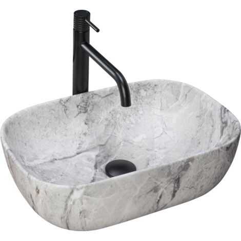 REA – Vasque à poser céramique sanitaire imitation pierre 465x335x135mm – Montage à poser – Lavabo moderne pour salle de bain (1/5)