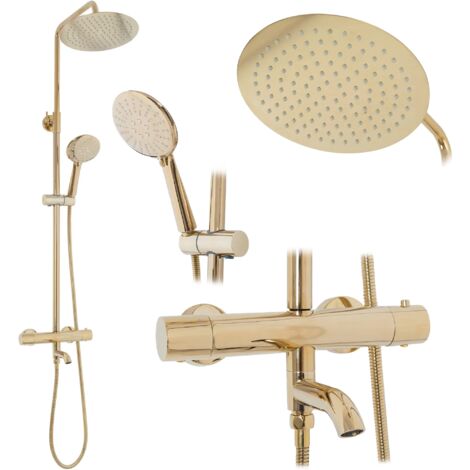 REA – Colonne de douche thermostatique en laiton – Finition or – Pomme haute 25x25cm – Tuyau flexible 150cm – Tête thermostatique pour confort optimal