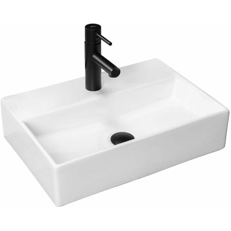 REA – Vasque à poser blanche en céramique sanitaire – Longueur 505mm – Largeur 355mm – Hauteur 125mm – Trou de robinet 35mm – Trou de débordement