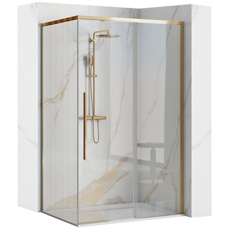REA – Cabine de douche d'angle 90x120 cm – Verre trempé 6 mm – Ouverture coulissante – Finition or clair – Revêtement Easy Clean