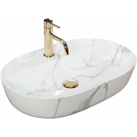REA – Vasque à poser 610mm x 410mm en céramique sanitaire – Trou de robinet – Lavabo moderne pour salle de bain – Couleur blanc de neige (1/5)