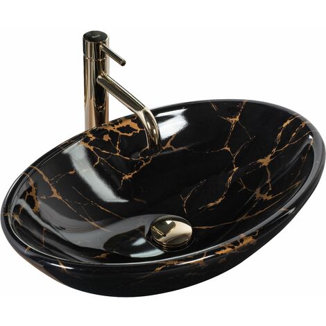 REA – Vasque à poser noire en céramique 530x330mm – Hauteur 150mm – Lavabo moderne pour salle de bain – Sans trou de robinet (1/5)