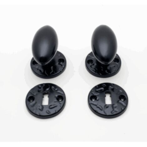 Poignée de porte ovale alu noir sur rosace avec trou clé.