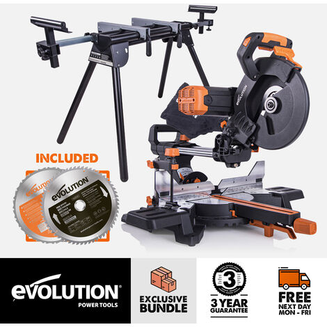 Evolution Bundle - R255SMS-DB+ 255mm Double Bevel Sliding Mitre Saw with Mitre Saw Stand and 60 Tooth Fine Wood Cutting Blade (110V)
