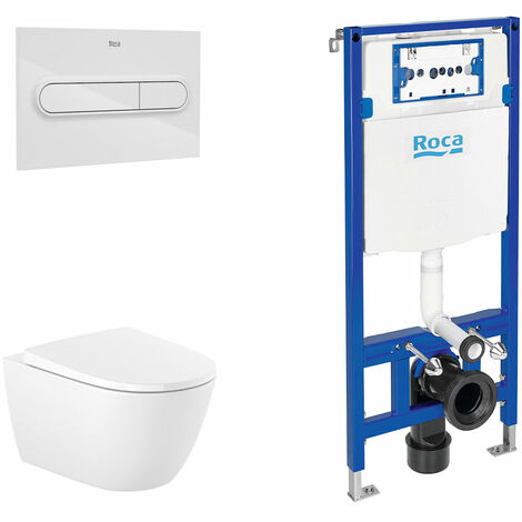 ROCA PACK ONA+DUPLO Inodoro Suspendido Rimless Pulsador Blanco - Asiento: Caida Amortiguada - ref: A346687+A801E12001+A890070020+A890195000
