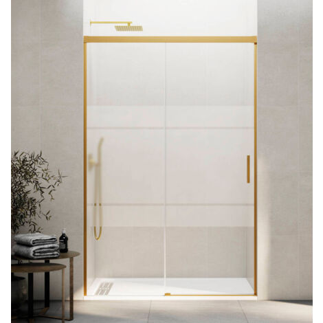 GME BASIC Mampara Frontal Ducha Corredera 1F+1C Oro Vidrio Decorado - Medida: 115-120 cm - ref: FBOR120S (1/2)