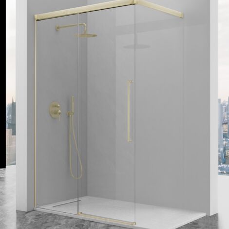 KASSANDRA PAVÍA Mampara Walking Frente Ducha Fijo +  Puerta Corredera con Tirante Oro Cepillado Transparente - Medida: 111-115 cm - ref: AI1083616S200111