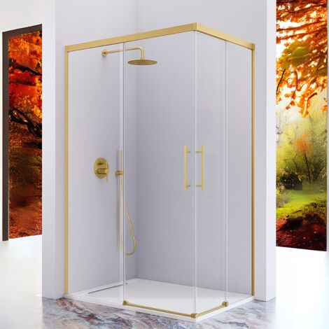 KASSANDRA URBAN Mampara Angular de Ducha 2 Fijos + 2 Hojas Correderas Oro Cepillado Transparente - Medida: 100x70 cm - ref: UR6073616S200100+UR6073616S200070 (1/2)