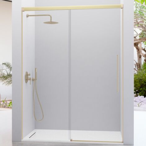 KASSANDRA PAVÍA Mampara Frontal Ducha Fijo + Puerta Corredera Oro Cepillado Transparente - Medida: 114-117 cm - ref: AI1023616S200114