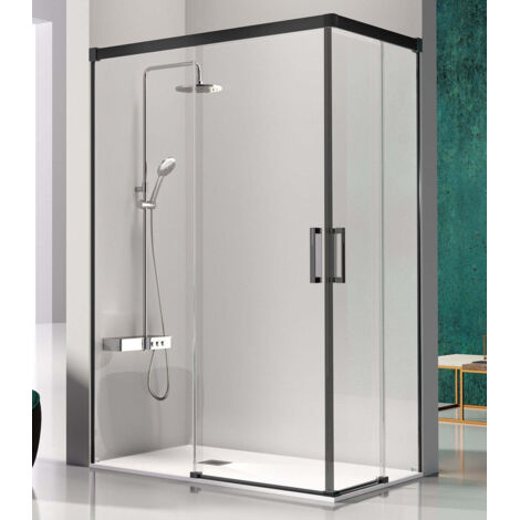 KASSANDRA GLASÉ Angular Ducha 2 Fijos + 2 Hojas Corredera 6 mm Plata Negro Mate Transparente - Medida: 100x70 cm - ref: GS6070516S2001000+GS6070516S200070 (1/2)