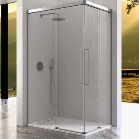 KASSANDRA URBAN Mampara Angular de Ducha 2 Fijos + 2 Hojas Correderas Plata Mate Cepillado Transparente - Medida: 100x70 cm - ref: UR6074016S200100+UR6074016S200070 (1/2)