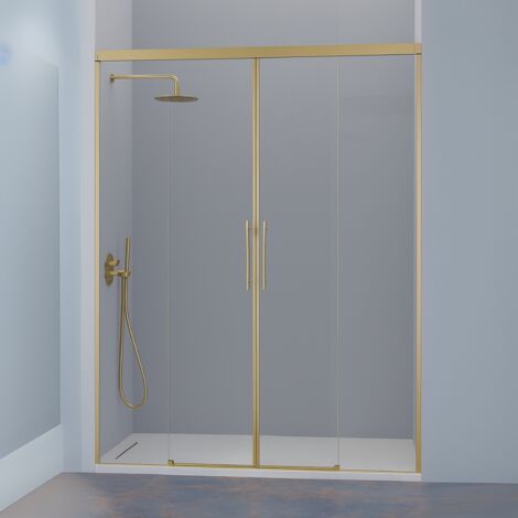 KASSANDRA URBAN  Mampara Frente de Ducha 2 Fijos + 2 Puertas Correderas Oro Cepillado Transparente - Medida: 192-196 cm - ref: UR1003616S200192