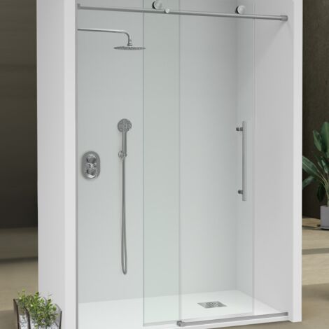 KASSANDRA BABILÓN Mampara Frente Ducha Fijo + Puerta Corredera Inox Cepillado Transparente - Medida: 174-176 cm - ref: BB1023216S200174