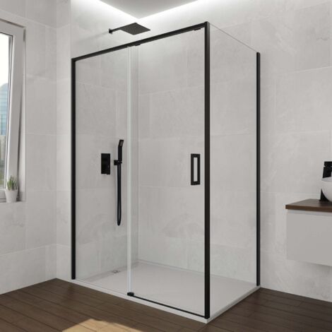 GME TWENTY Mampara Lateral Fijo Ducha 2F+1C Negro Transparente - Medida: 175-180/67-69 cm - ref: TWAF18070N (1/2)
