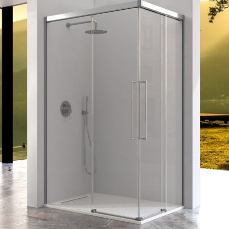 KASSANDRA URBAN Mampara Angular de Ducha 2 Fijos + 2 Hojas Correderas Plata Brillo Transparente - Medida: 100x70 cm - ref: UR6071616S200100+UR6071616S200070 (1/2)
