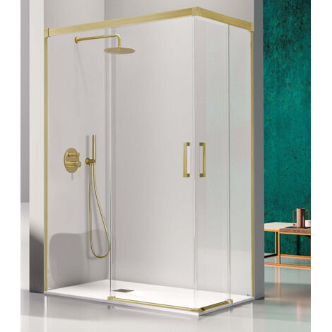KASSANDRA GLASÉ Angular Ducha 2 Fijos + 2 Hojas Corredera 6 mm Oro Cepillado Transparente - Medida: 100x70 cm - ref: GS6073616S2001000+GS6073616S200070 (1/2)