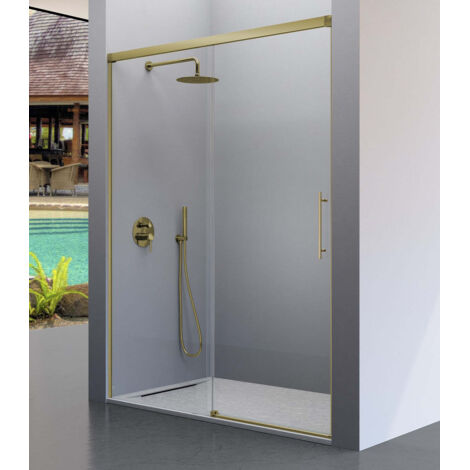 KASSANDRA URBAN Mampara Frente de Ducha Fijos + Puerta Corredera Oro Cepillado Transparente - Medida: 174-177 cm - ref: UR1023616S200174 (1/2)