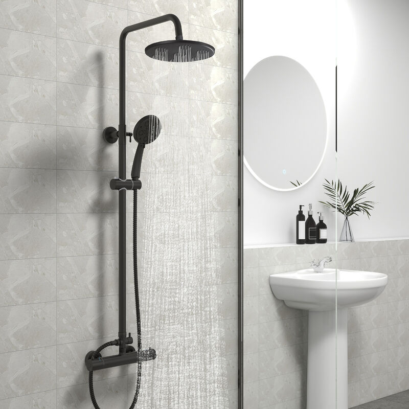 Biubiubath Thermostatic Mixer Shower Black Round Height Adjustable Cold  Touch twin head Set