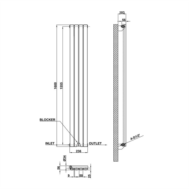 Oval Column Radiator 1600x236mm White Vertical Radiator Single