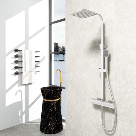 Biubiubath Bathroom Exposed Thermostatic Shower Mixer Twin Head Square Rod Set Chrome Plated (1/5)