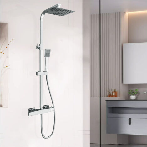 Biubiubath Colonne de douche salle de bain robinet thermostatique chromé ensemble de douche vanne d'ouverture à double tête carrée