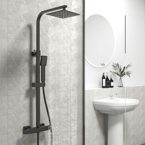 Biubuibath Thermostatic Square Exposed Matte Black Mixer Shower Valve Set Twin Head