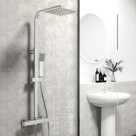 Biubuibath Bathroom Shower Mixer Thermostatic Exposed Square Twin Head Valve Set Chrome