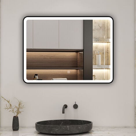 Biubiubath Black Frame Bathroom Mirror 800 x 600mm Bathroom LED Mirror with Dimamble Lights Anti-fog Touch Control