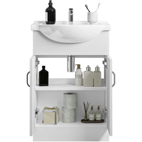 Bathroom Gloss White 600mm Vanity Unit with Basin White Sink Ample Storage Cabinet (1/4)