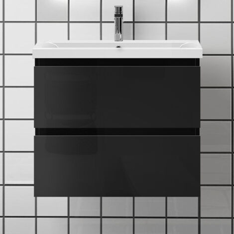 600mm Vanity Unit with Basin Wall Hung High Gloss Grey Storage Cabinet 2 Drawers