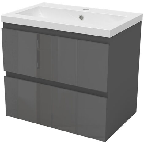 Biubiubath Wall Hung 600mm Bathroom Vanity Unit without Basin Gloss Grey 2 Drawers Flat Pack