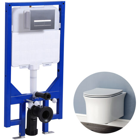 Bathroom Wall Hung Toilet 1.14M Concealed Cistern Frame Set Rimless Round WC pan UF Soft Close Seat
