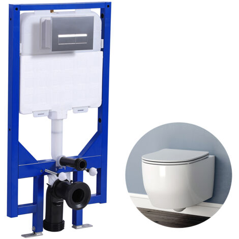 Wall Hung Toilet Rimless Round WC pan 1.14M Concealed Cistern Frame Set UF Soft Close Seat