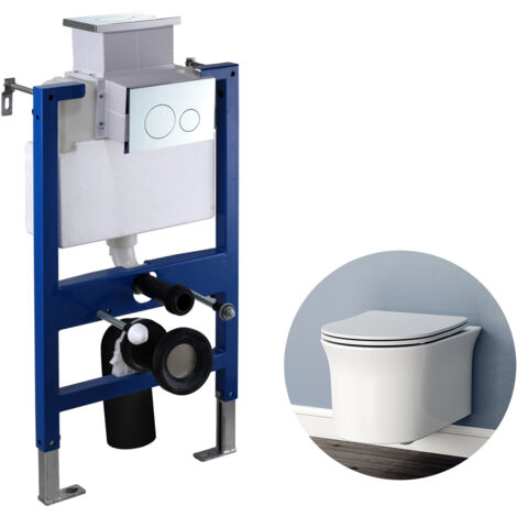 Wall Hung Toilet Rimless Round WC pan with 0.82M Concealed Cistern Frame UF Soft Close Seat