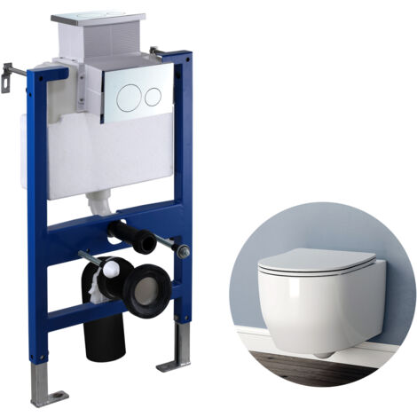Round Wall Hung Toilet Rimless WC pan 0.82M Concealed Cistern Frame Set UF Soft Close Seat