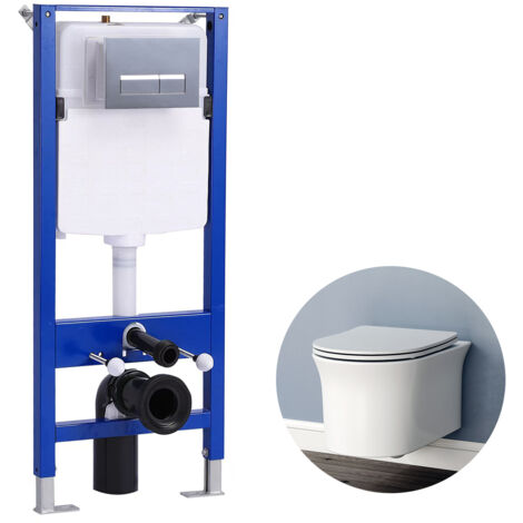 Rimless Wall Hung Toilet Round 1.14M Concealed Cistern Frame Set UF Soft Close Seat WC pan
