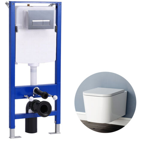 Bathroom Square Rimless Wall Hung Toilet WC pan 1.14M Concealed Cistern Frame UF Soft Close Seat (1/5)