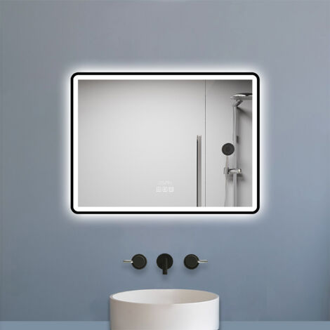 Biubiubath 800x600mm Bluetooth Bathroom LED Mirror with Light Digital Clock,Dimmable,Anti-fog,Wall Mounted