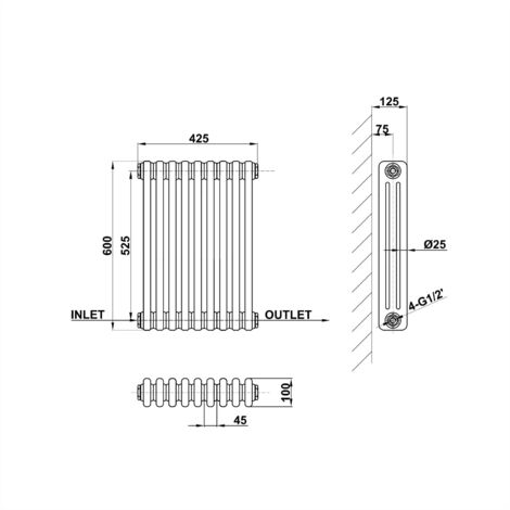 Biubiubath Traditional Cast Iron Style Radiator Horizontal 3 Column Anthracite 600x425mm